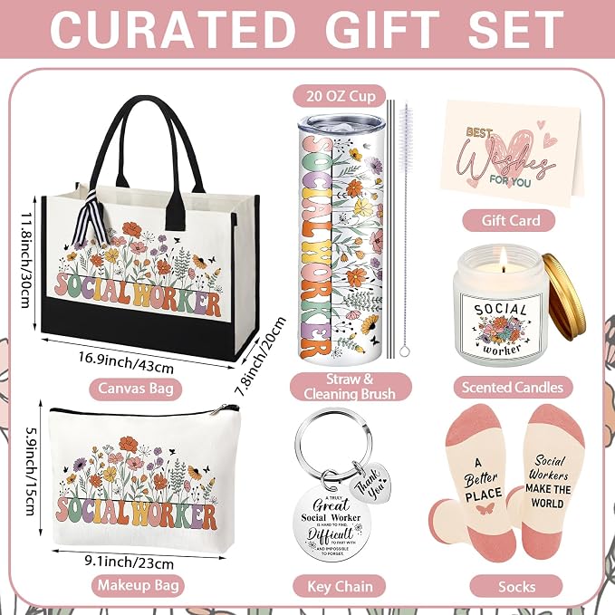 Patelai 7 Pcs Social Worker Appreciation Gift, Worker Must Haves Gifts | with 20 oz Tumbler Tote Bag Candle Socks Makeup Bag Keychain Card for lcsw Bsw Msw Dsw Lcsw Coworker Volunteer Office Supplie