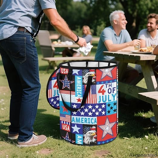 24Gal July 4th Eagle Collapsible Trash Can - Waterproof Pop-Up Bin w/Lid for Camping & Backyard | Leakproof Yard Waste Bag (Patriotic Decor)