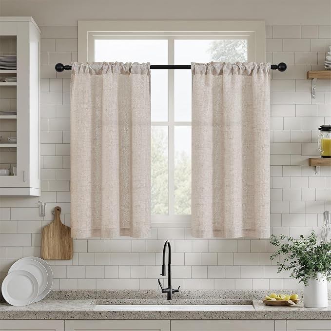 Linen 36 Inch Curtains for Kitchen Window Bathroom Bedroom 2 Panels | Light Filtering Semi Sheer, Chic Boho Farmhouse Drapes, Light Coffee Beige Tan, Small Short Cafe Curtain, Rod Pocket, W25xL36