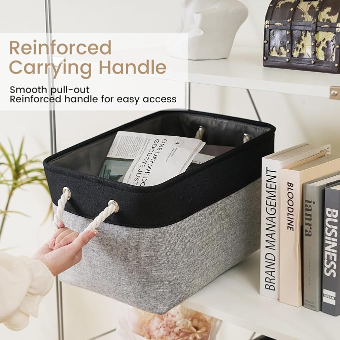 15x11x10 In Foldable Fabric Large Storage Bins with Handle 6 Pack | Organizer Baskets, Sturdy Metal Strand, Cardboard Support Molding, Storage Baskets for Shelves, Closet, Bedroom, Black/Gray