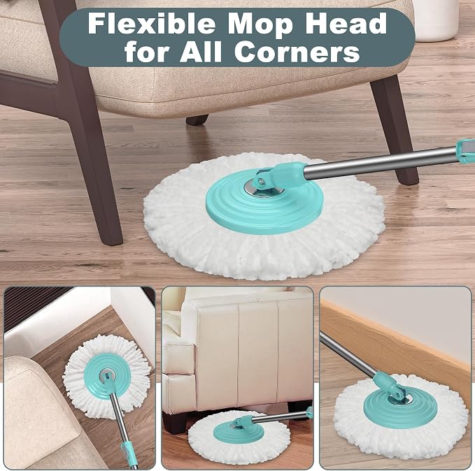 Traditional Large Spin Mop and Bucket, 2 Gal Capacity, Green | 2 Rolling Wheels, Pull Handle, 61-Inch Handle, 6 Mop Heads, Easy Wringing, For Family Homes, Hardwood, Laminate & Tile Floors