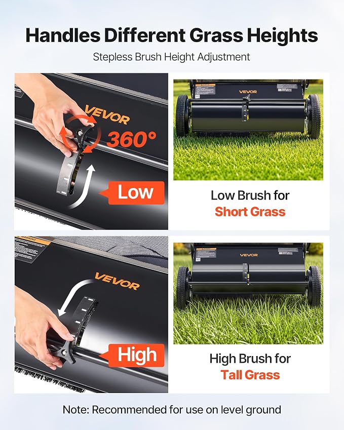 VEVOR Push Lawn Sweeper 26 Inch Leaf & Grass Collector Strong Rubber Wheels | 7 Cu. Ft. Hopper Bag, 4 Spinning Brushes, Adjustable Brush Height, Yard Sweeper for Leaves, Grass Clippings & Pine Needles