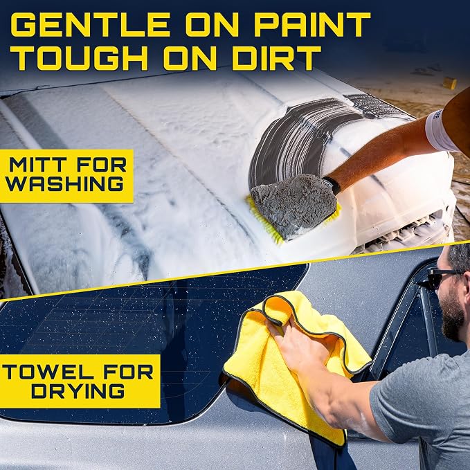Clean Car USA Foam King™ Car Wash Foam Gun & Microfiber Mitt, Foam Sprayer | Garden Hose Attachment, 6 Settings + Rinse Mode, Fits 3/4 in 5/8 in 1/2 in Hoses, Microfiber Towel, Threaded Connector
