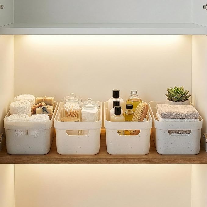BINO | Plastic Storage Bins, 4 Liter - 4 Pack, Natural White | THE MODERN COLLECTION | Plastic Bins for Organization | Woven Storage Baskets for Organizing Pantry Shelf Organizer Basket Container Bin