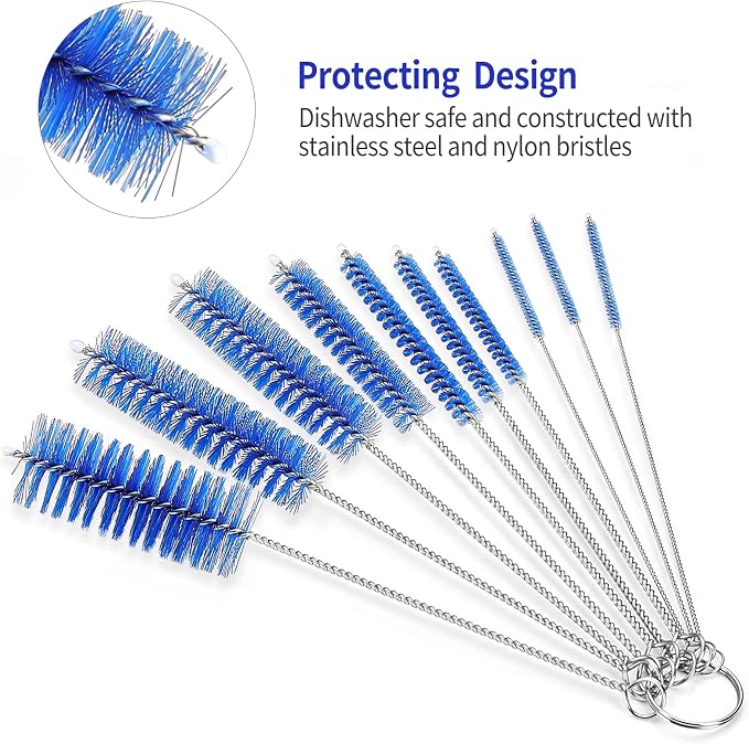CiaraQ Bottle Cleaning Brushes, 8 Inch Nylon Tube Brush Set, Cleaner for Narrow Neck Bottles Cups with Hook, Set of 10pcs. (Pack of 2)