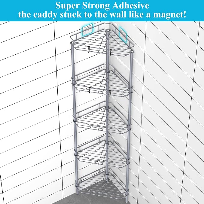 HuggieGems Metal Floor Standing Corner Shower Caddy, Dark Gray, 5 Tier | Adhesive Bathroom Organizer Shelves, Free Standing Shower Rack with Hooks, Hold Large Shampoo Bottles