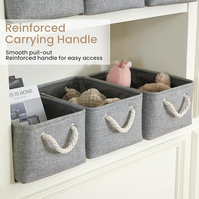 13.8x9.8x6.7 Inch Fabric Small Storage Bins with Handles 6 Pack | Foldable Storage Basket, Sturdy Metal Strand, Cardboard Support Molding, Small Baskets for Organizing, Shelves, Gray