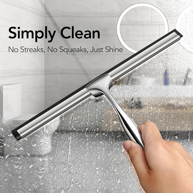 Shower Squeegee for Glass Doors, 10 Inch Stainless Steel Bathroom Squeegee with Hooks, Streak-Free Cleaner for Shower Doors, Windows, Mirrors, Tile Walls & Car Windshield