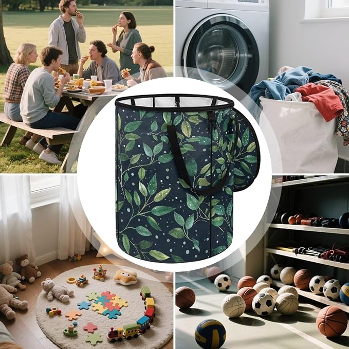 Green Leaf Collapsible Garden Leaf Bin Reusable Container Bag for Yard Waster 24 Gallon Large Capacity Foldable Trash Can with Lid and Handle for Camping Outdoor Picnics