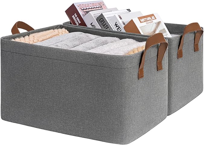 CHICVITA 20L Fabric Storage Baskets for Shelves, Metal Frame, 2-Pack, Grey | 14 ¾" L x 10 ¼" W x 8 ¼" H, Leather Handles, Clothes, Towels & Shoes Storage, Closet, Bedroom & Entryway Organization