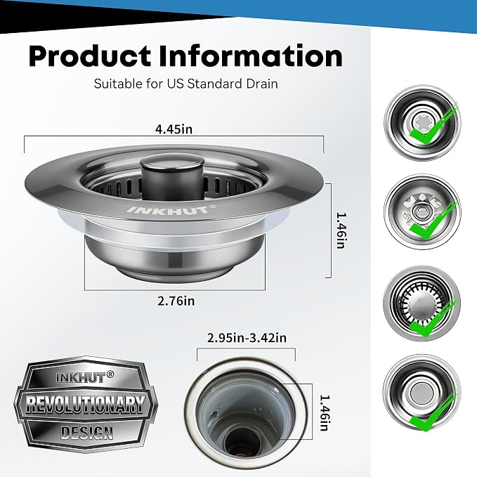 Upgraded 3 in 1 Kitchen Sink Drain Strainer (Dark Grey) | Stainless Steel Sink Stopper, Anti-Clogging Food Catcher Basket, Bounce Core Drain Strainer Plug for 3 1/2 inch Drain