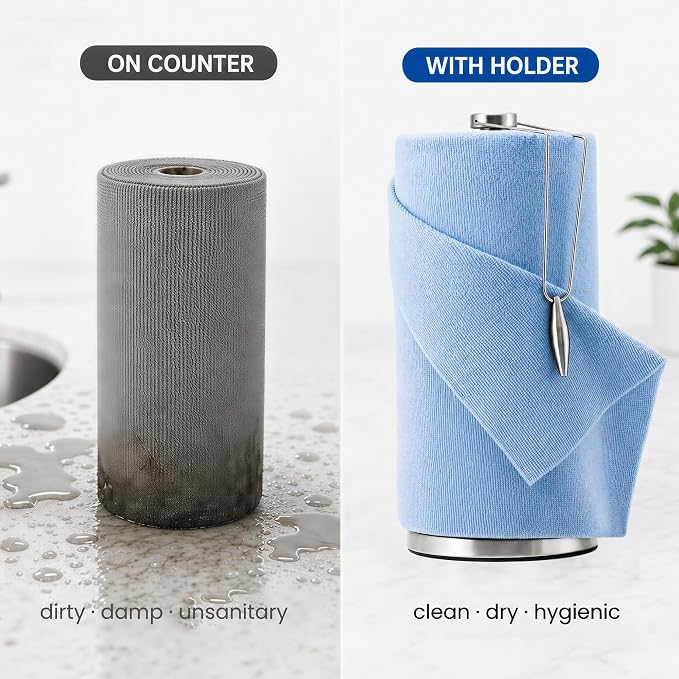 Veco Microfiber Cleaning Cloth Roll with Holder 80 PCS, 12" x 12" Blue | Tear Away Reusable Towels, Lint-Free & Streak-Free Cleaning Cloths, Paper Towel Alternative for Kitchen, Home & Car