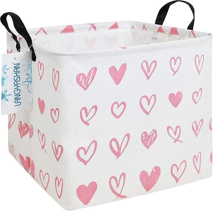 Square Storage Baskets Children Shelves Gift Toy Organizer Room Pink Heart | Laundry Hamper Collapse Canvas with Handles for Organizing Home Kitchen Children Toys Office Closet Shelf
