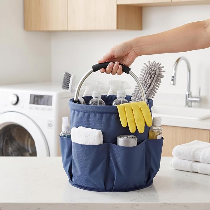 Cleaning Caddy with Handle, Large Supply Organiser 17L with 6 Pockets, Cleaning Products Organiser, Foldable Storage Basket, Portable Cleaning Caddy for Home (Blue)