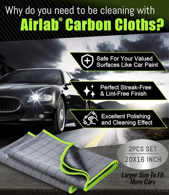 Airlab Microfiber Towels Cars Wash Drying Cleaning Cloth, Grey-Green | Carbon Fiber Detailing Glass Window Polishing Lint Free, Streak Free, 20" x 16", Pack of 2