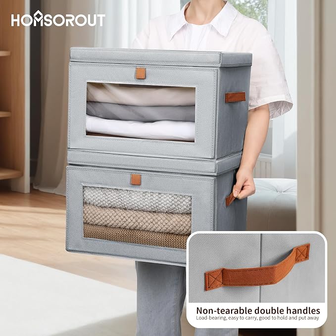 Homsorout Large Closet Storage Organizer - Clothes Storage Bins with Handles & Window, Collapsible Decorative Boxes with Lids, Fabric Containers for Living Room, Dorm, 5 Pack, Grey