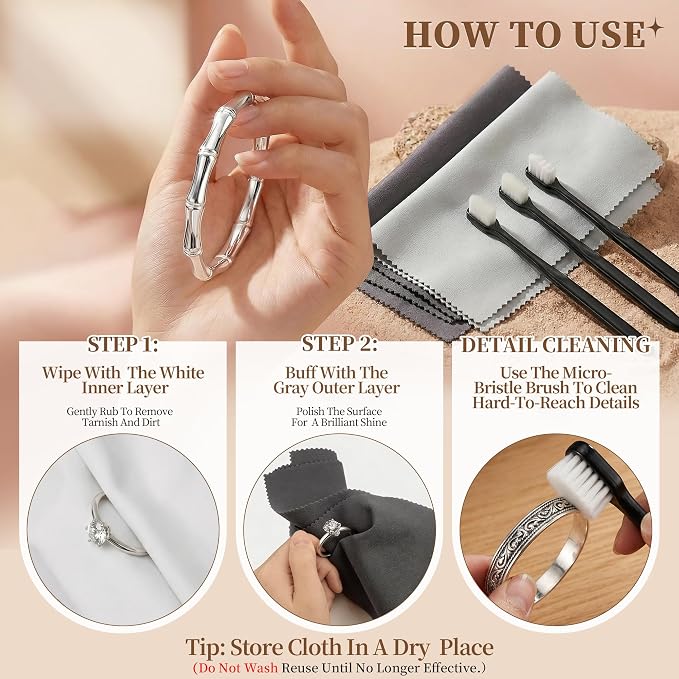 6 PCS Large Silver Polishing Cloth Kit, 3 Pack 10" x 12" Jewelry Cleaner Cloths with 3 Soft Brushes, Tarnish Remover & Scratch-Free Cleaner for Silver, Gold, Diamond, Coins, Watches, Deep Gray & Gray