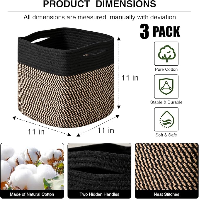 11 Inch Cube Storage Bins, 11x11 Cube Storage Bins for Cube Organizer, Square Cloth Storage Cubes, Woven Storage Baskets for Shelves, Toy Baskets Storage Kids, Black & Jute (Pack of 3)