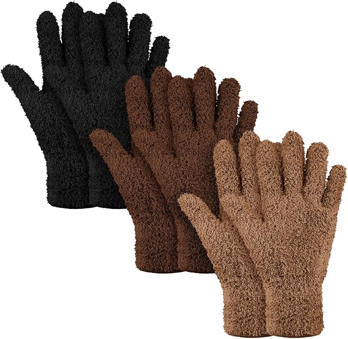 Patelai 3 Pairs Microfiber Dusting Gloves for Plants Leaf, Medium | Black, Brown, Dark Brown,Plant Cleaning Gloves, Reusable Washable Gloves,House Furniture Blinds Dusting