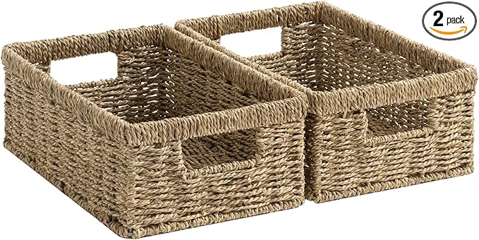 StorageWorks Wicker Baskets for Organizing,Seagrass Baskets for Decor,2Pack | Rectangle Wicker Baskets for Organizing, Wicker Storage Baskets for Shelves, Decorative Baskets,Seagrass Baskets with Handles