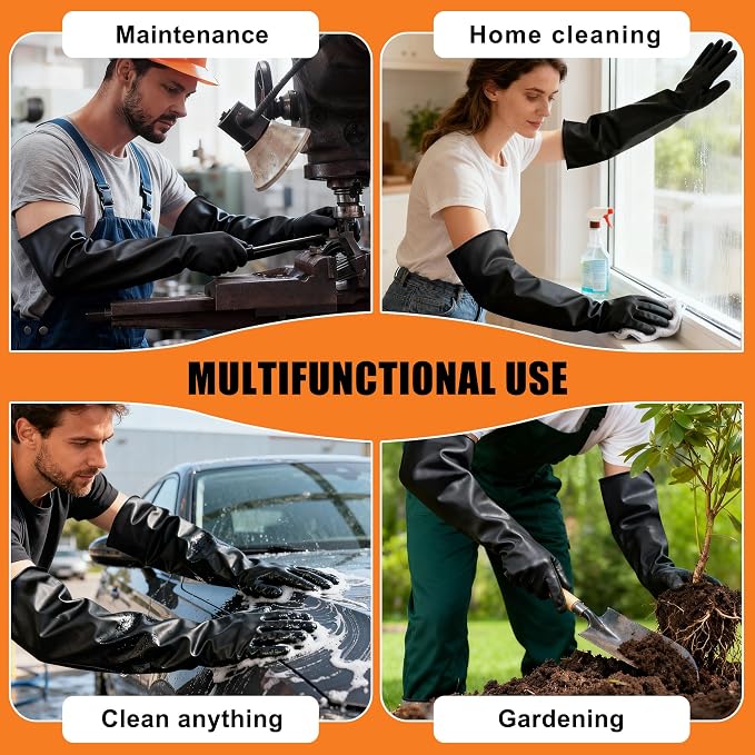 22"Black Anti-Slip Chemical Resistant Rubber Gloves, Long Heavy Duty Glove, Industrial Safety Work Protective Gloves for Men, Forearm Protection Waterproof Resist Strong Acid, Alkali, Oil, XL Size