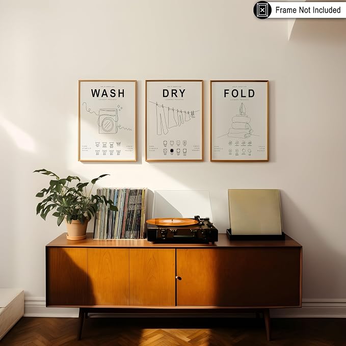 Poster Master 3-Piece Wash Dry Fold Print - Laundry Poster - Line Drawing Art - Black & White Design - Symbols & Guide Art - Minimal Laundry Room Decor - 24x32 UNFRAMED Wall Art