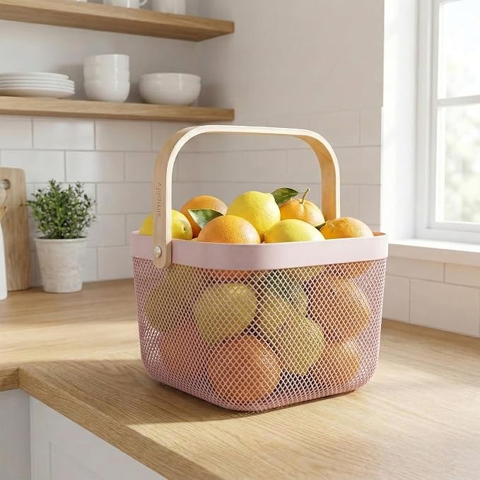 Simplify Small Mesh Storage Basket with Wooden Handle | Blush Color | Plastic Organizer Bin | Pantry Organization | Cabinet Storage