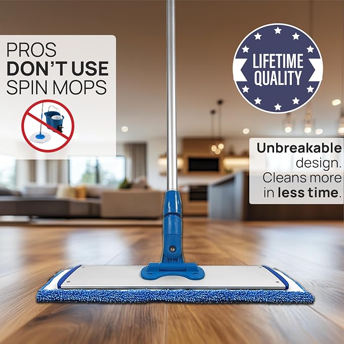 Microfiber Wholesale 24" Professional Microfiber Flat Mop – Wet, Dry & Dust for Hardwood, Vinyl Plank, Laminate & Tile – Commercial Flat Mop System, 64" Stainless Handle, 3 Reusable Pads
