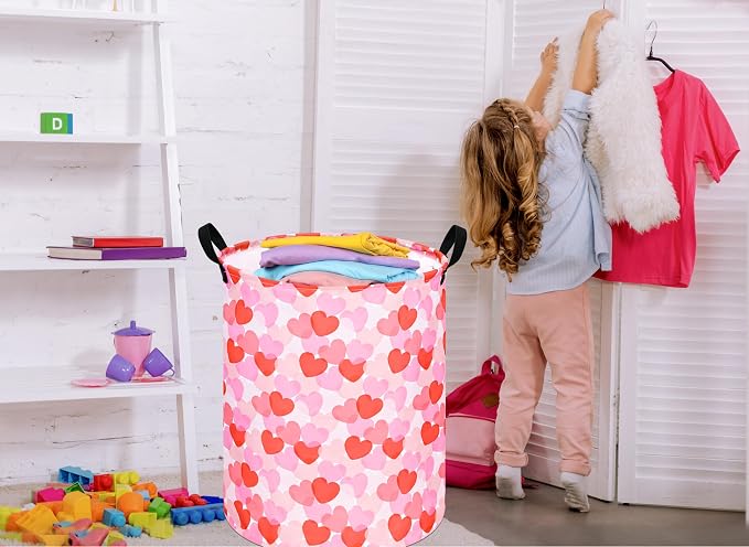 Round Valentine's Heart Pattern Laundry Hamper Clothes Storage Basket Fabric Storage Hamper Organization Storage Bin, Nursery Box,Gift Basket with Handles