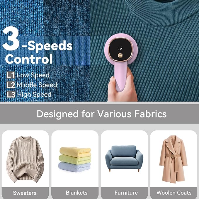 Rechargeable Fabric Shaver, 6-Leaf Blades, LED Display, 3 Speeds | Portable Lint Remover Easy to Remove Pilling, Fuzz & Lint Balls from Clothes, Sweater, Couch, Blanket, Furniture, Coat, Pink