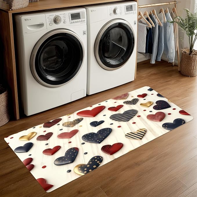 Valentine's Day Heart Laundry Room Rug Runner 20x47 Inch Waterproof Non-Slip Floor Mat - Washable Laundry Pad for Front Load Washer Dryer,Machine Washable Mudroom Kitchen Bathroom Decor,Mother's Day