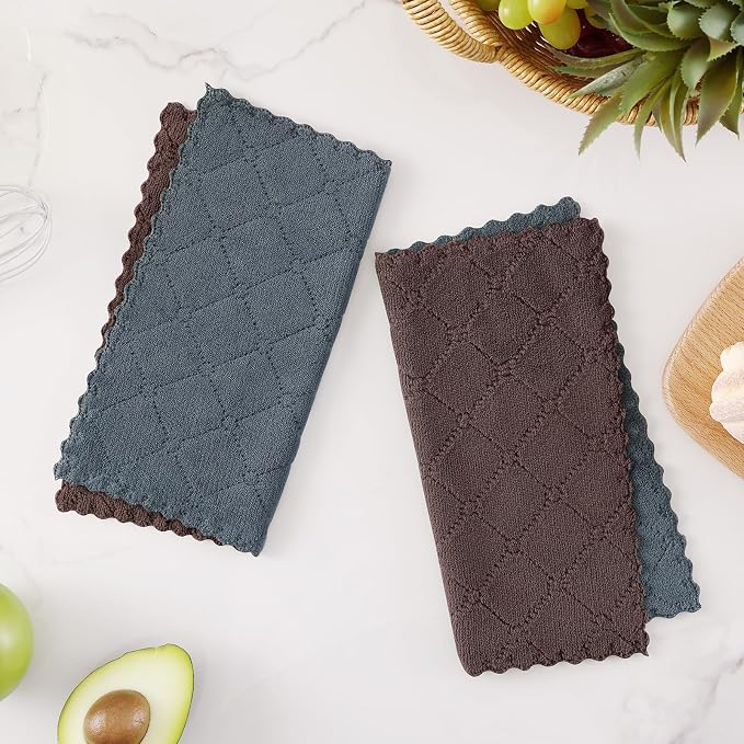 Homaxy 12 Pack Super Soft Dish Cloths, 10" x 10", Dark Grey & Brown | Coral Velvet, Nonstick Oil Fast Drying Microfiber Cleaning Cloth, No Lint Household Dishcloths