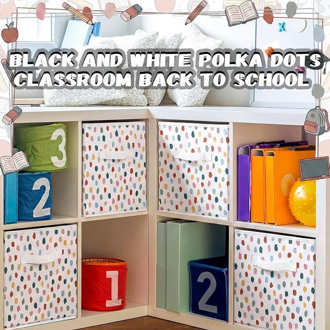 Chunful 6 Pcs 11 Inch Polka Dots Fabric Storage Cube Bin Woven Foldable Storage Cubes for Classroom Basket Bin Classroom Organizer with Handle Decor for Organizing Clothes, Toy, Book