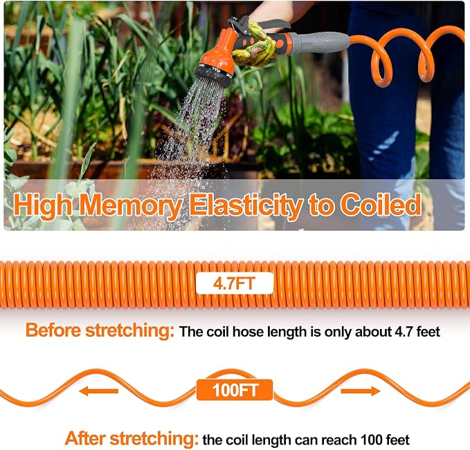 SPECILITE 3/8" Lightweight Coil Garden Hose 100 FT, EVA Flexible Water Hose | Curly Pipe with 6-Pattern Spray Nozzle for Outdoor, Boat, Greenhouse, Yard, Patio, Orange