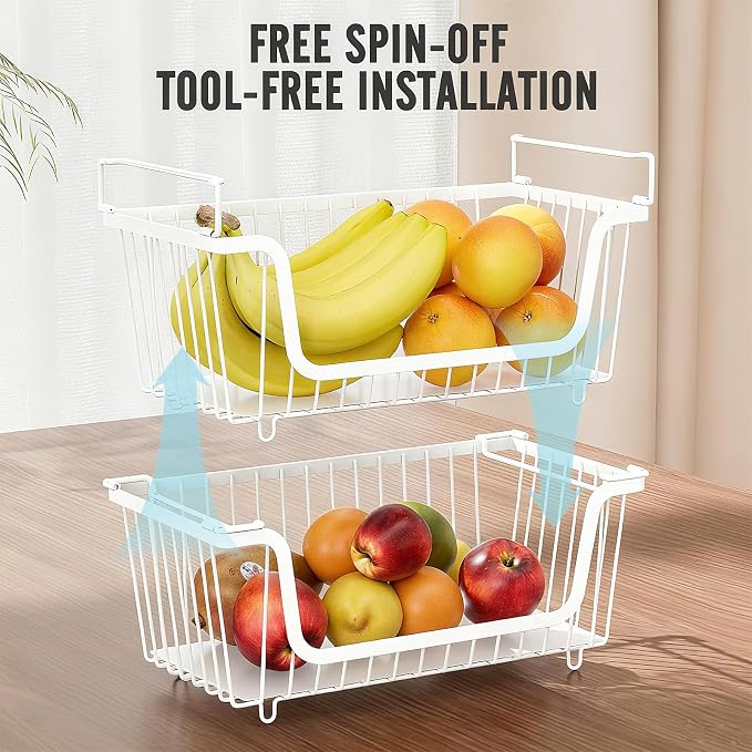 4 Pcs Stackable Wire Baskets for Pantry Organizers and Storage, | Vegetable Fruit Basket for Countertop,Kitchen Storage Metal Baskets,Produce Potato Onion Storage Bin,White