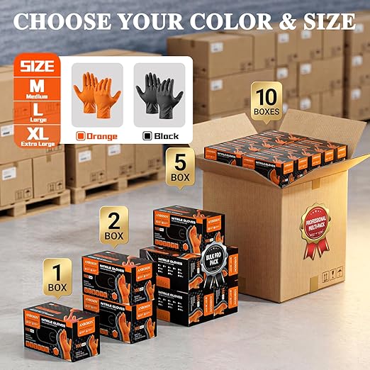 10 Mil Heavy Duty Mechanic Nitrile Gloves, Large Orange 100 Count | Diamond Grip,Latex Free,Chemical Resistant Disposable Thick Rubber Gloves for Auto Repair, Industrial, Food, Work ,BBQ,Men