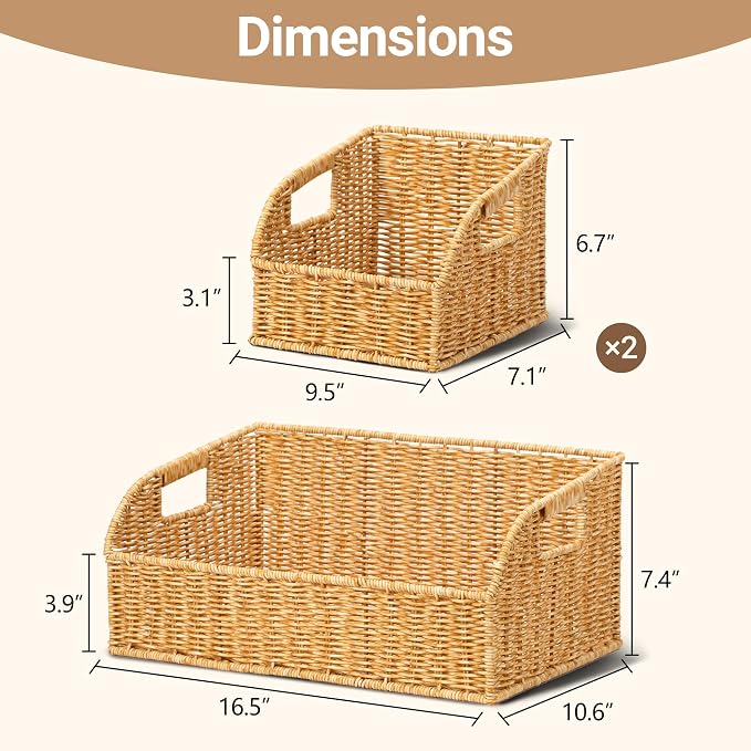 Brownlily Faux Wicker Pantry Storage Baskets, Natural-Single Set (3-Piece) | Handwoven Baskets for Organizing with Built-in Handles, All-Purpose Storage Baskets with Chalkboard for Shelves,Laundry Room