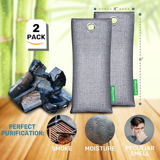 Activated Charcoal Odor Absorber Deodorizer Odor Eliminator for Strong Odor | Home, Basement, Closets, Shoes, Smoke, Car Air Freshener. 2 Pack Nature Bamboo Charcoal Air Purifying Bags
