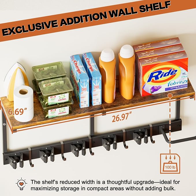 Broom Holder Wall Mount with Cleaning Supplies Organizer, Laundry Room Organization and Storage Shelves with Mop Hanger Rack Gripper Hooks, Utility Shelf Closet Organizer for Home Garage Kitchen