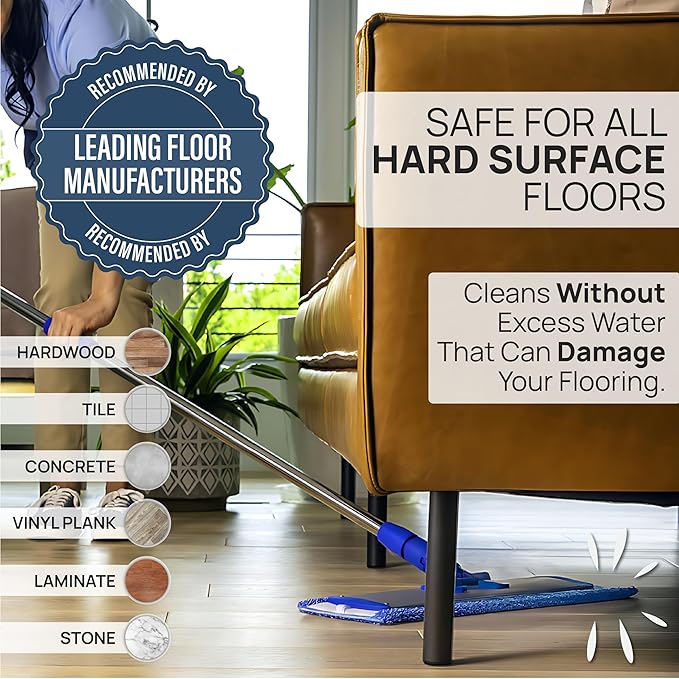 Microfiber Wholesale 24" Professional Microfiber Flat Mop – Wet, Dry & Dust for Hardwood, Vinyl Plank, Laminate & Tile – Commercial Flat Mop System, 64" Stainless Handle, 3 Reusable Pads