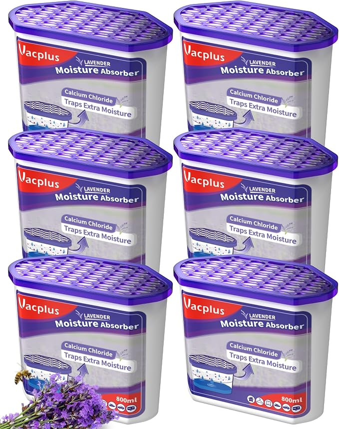 Vacplus Moisture Absorber, 16.0 OZ, Strong Absorption, Lavender | Closet, Bathroom, Car, Odor Eliminator, Dehumidifier Bucket, 6 Pack