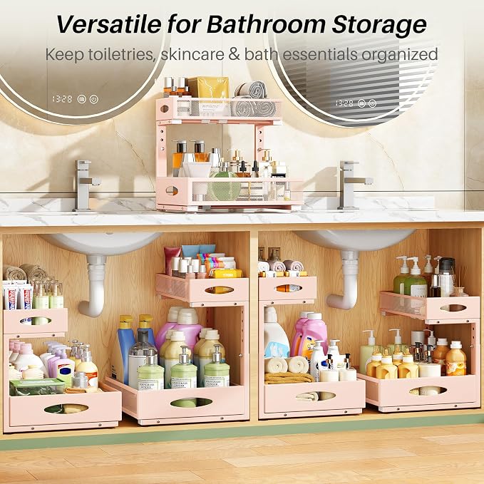 Under Sink Organizer, 1-Pack Pull Out Cabinet Organizer 2 Tier Metal Slide Out Storage Shelf Rack, L-Shaped Adjustable Height,Mesh Sliding Drawer for Kitchen, Bathroom, Laundry, Pantry, Pink, XL