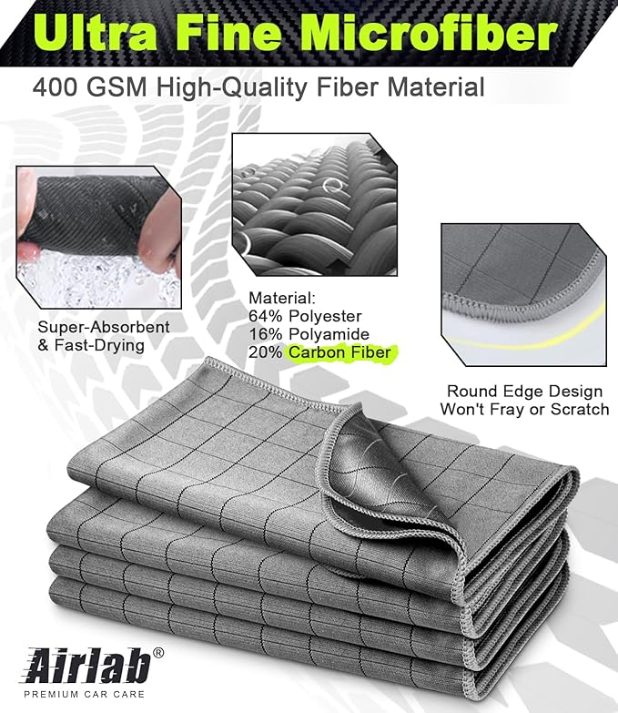 Airlab Microfiber Towels Cars Wash Drying Cleaning Cloth, Light Grey | Carbon Fiber Detailing Glass Window Polishing Lint Free, Streak Free, 20" x 16", Pack of 4