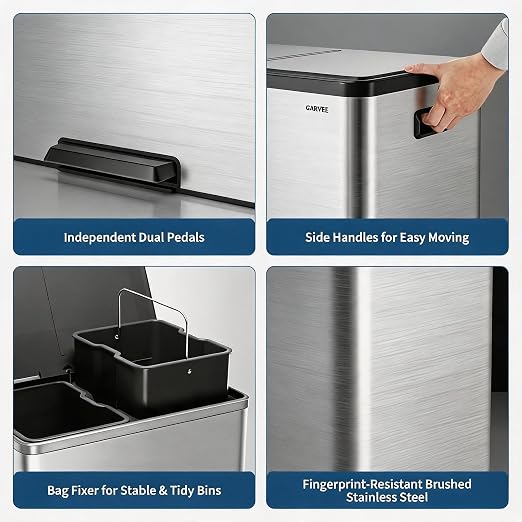 10.5 Gal Dual Compartment Stainless Steel Kitchen Trash Can with Lid, 20L+20L Recycling Garbage Bin, Soft Close Foot Pedal Trash Bin with 2 Removable Inner Buckets, Fingerprint Resistant for Home Offi | 20L+20L Recycling Garbage Bin, Soft Close Foot Pe...