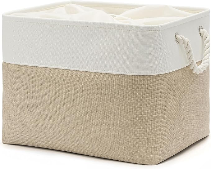 16x12x12 In Foldable Fabric Large Storage Bins with Handle 1 Pack | Storage Basket with Draw String Top, Sturdy Metal Strand, Cardboard Support Molding, for Shelf, Closet, Bedroom, White/Khaki