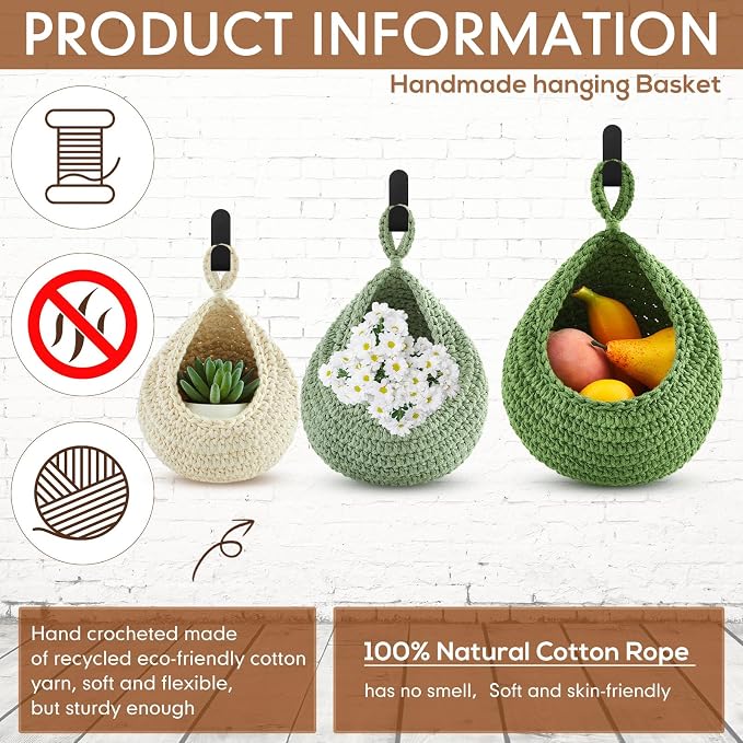 Honeydak 3 Hanging Baskets, Sage Green, Green, White, Teardrop, Cotton Rope | Wicker Wall Baskets with Hooks for Fruit Vegetable Onion Storage, Teardrop Organizer for Kitchen, Boho Farmhouse Decor