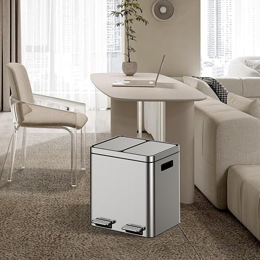 TrailBlaze Trash Can with Lids, 30L/8 Gal 2 Compartments Pedal Stainless Steel Kitchen Recyclingtrash Bin with Odor Seal， Removable Buckets, for Office Home Kitchen Garbage Can Trash Bin