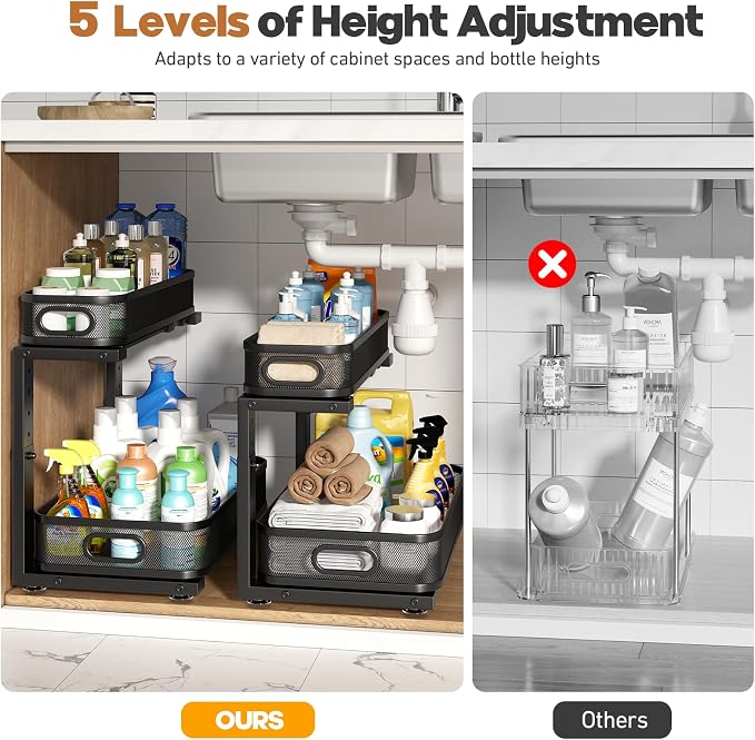 2 Pack 19.3IN-Depth Under Sink Organizer with Smooth Cylindrical Rail,2-Tier Pull Out Multi-Purpose Cabinet Storage for Bathroom&Kitchen,Height Adjustable,Rust-Resistant Coating-Black