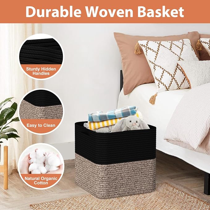 Storage Cotton Cubes 11 Inch, Woven Cotton Rope Storage Baskets for Toys Blanket Organizing, Storage Bins Decorative Organizer with Handles for Living Room Laundry Room Closet (3 Pack, Black Brown)