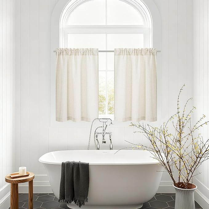 Natural Linen Cafe Short Curtains 30 Inch Length 2 Panels Semi Sheer | 2 Panels, Light Filtering Privacy, Small Curtain, for Kitchen Bathroom Basement, Rod Pocket, Boho, Cream Drapes, W34xL30